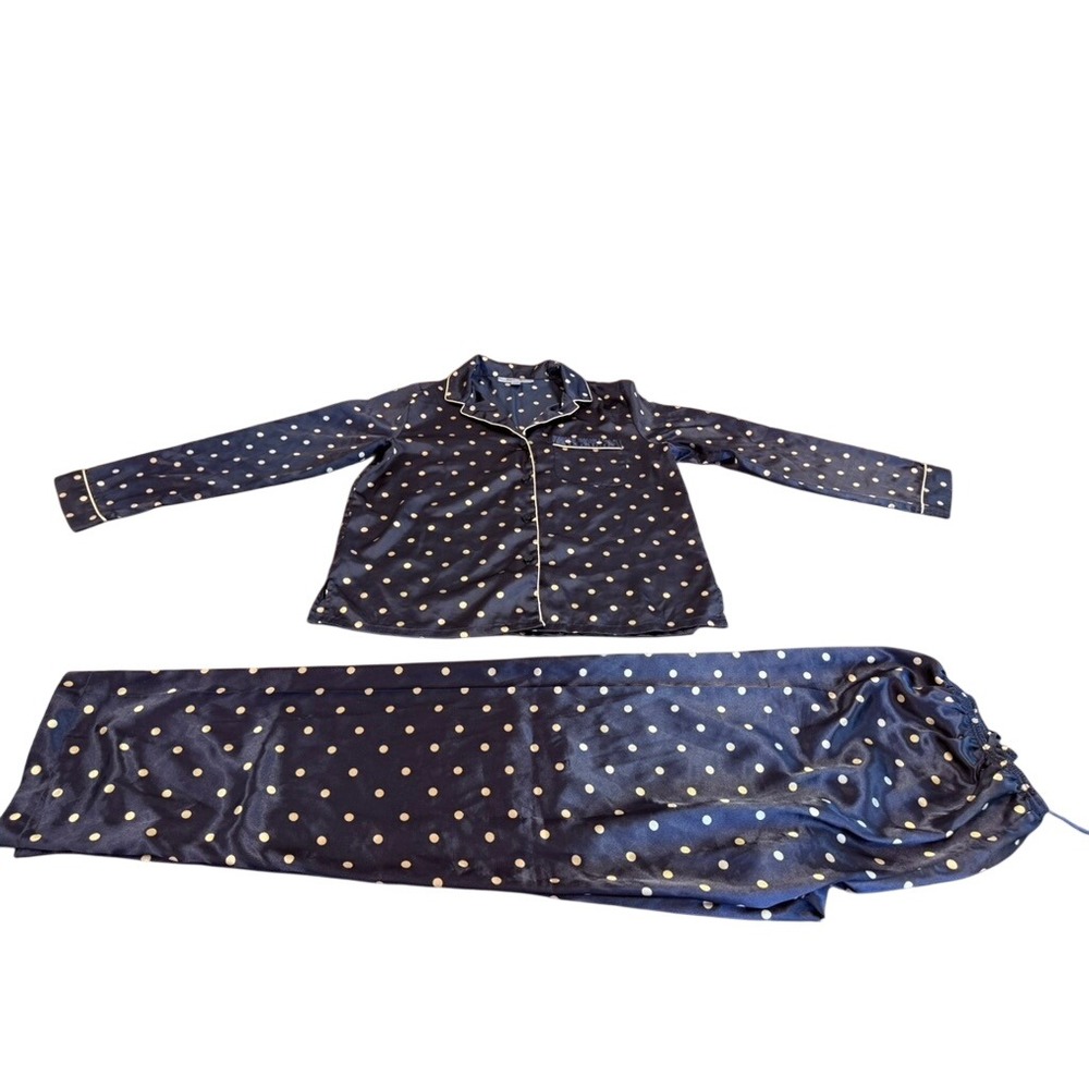 Morgan Taylor‎ Intimates Womens XS Pajama Set Navy Blue Polka Dot Satin 2pc PJs